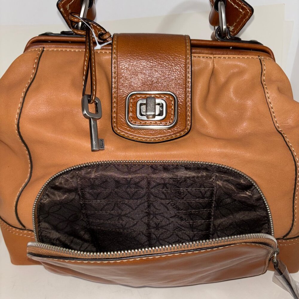 Fossil Paloma Frame Doctor Satchel Brown Leather Bag Turnlock Key Charm - Picture 13 of 13